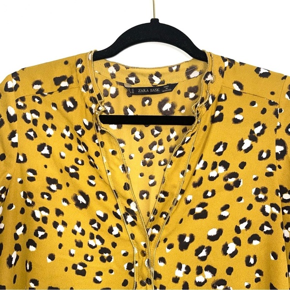 Zara Basic Mustard Yellow & Black Leopard Print Ruffle Blouse Medium Women’s - Picture 2 of 11